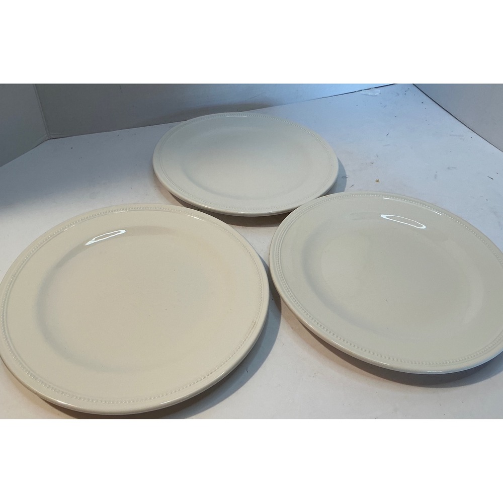 Lands End Set of 3 Salad Plates Cream Beaded Rim‎ Stoneware 8.25 Inch Classic